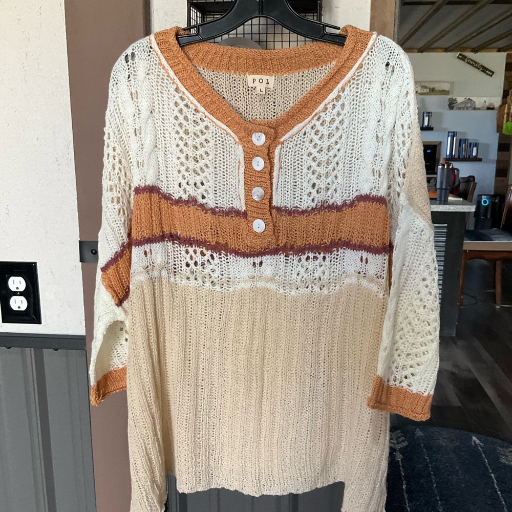 Women’s Cream and Tan Knit Henley Sweater with Rust Trim